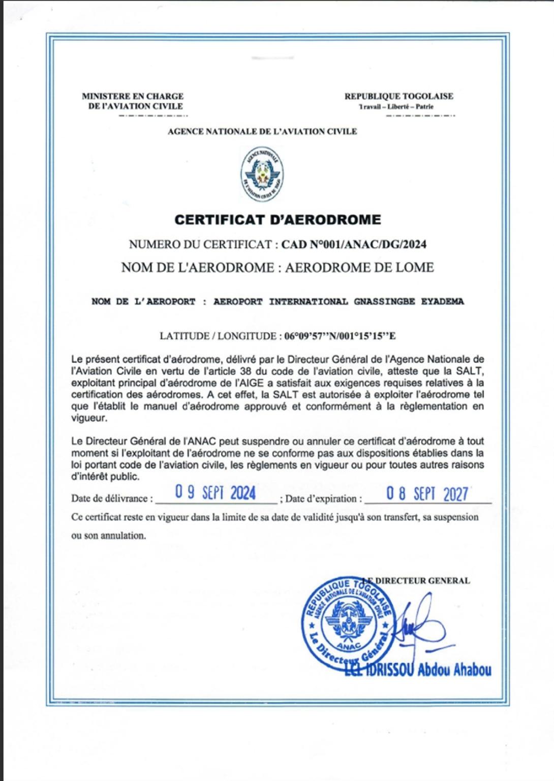 Certificate d'Aérodrome